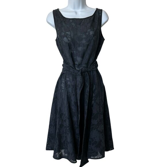 Josie Natori 8 Sleeveless Belted Jacquard Fit-&-Flare Floral Gray  Dress Unlined - Picture 1 of 13